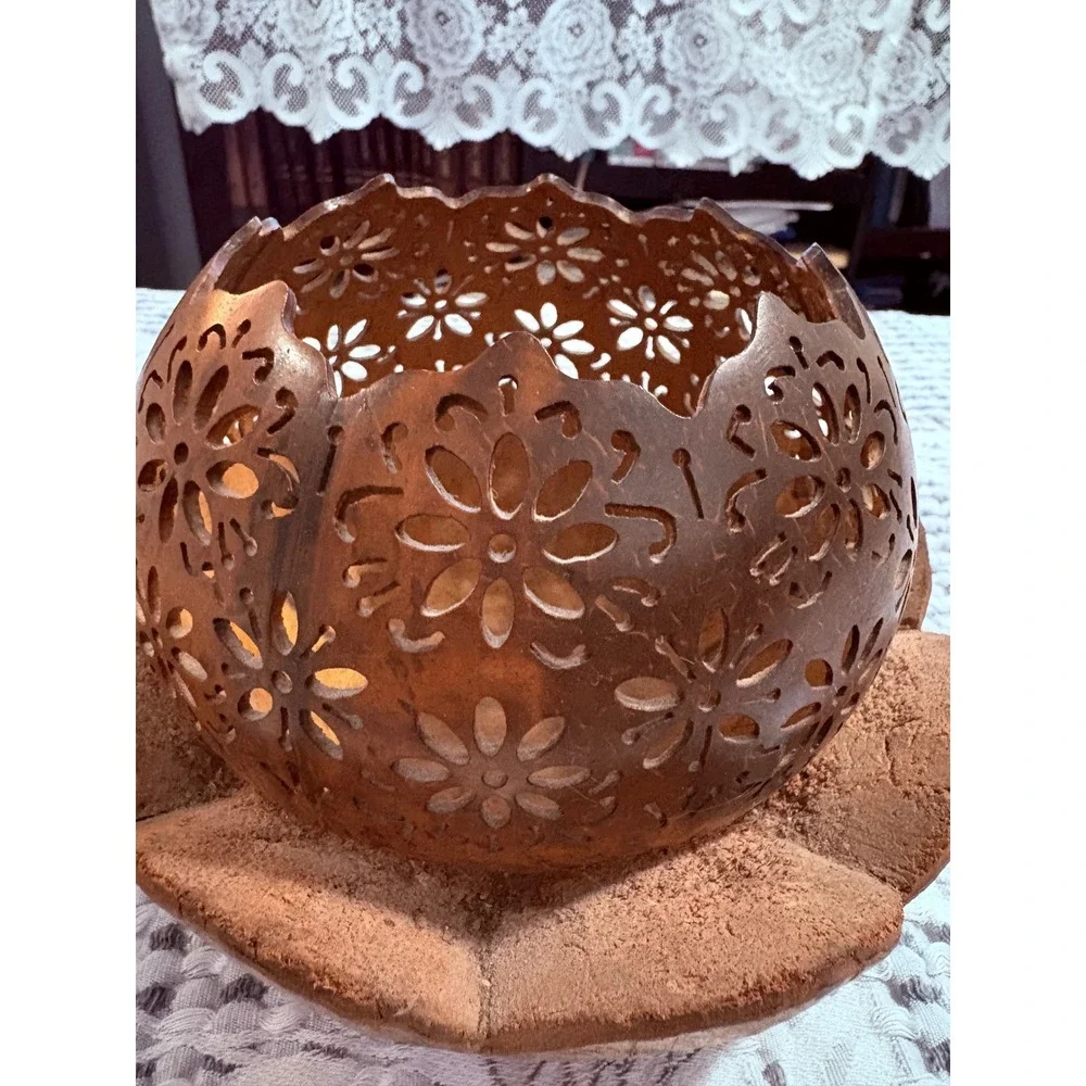Hand Carved Coconut Shell Floral Lattice Candle Holder Trinket Box with Lid 6